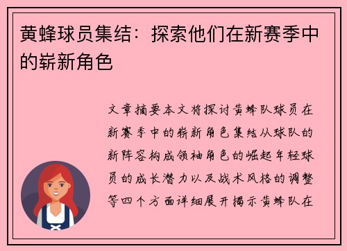 黄蜂球员集结：探索他们在新赛季中的崭新角色